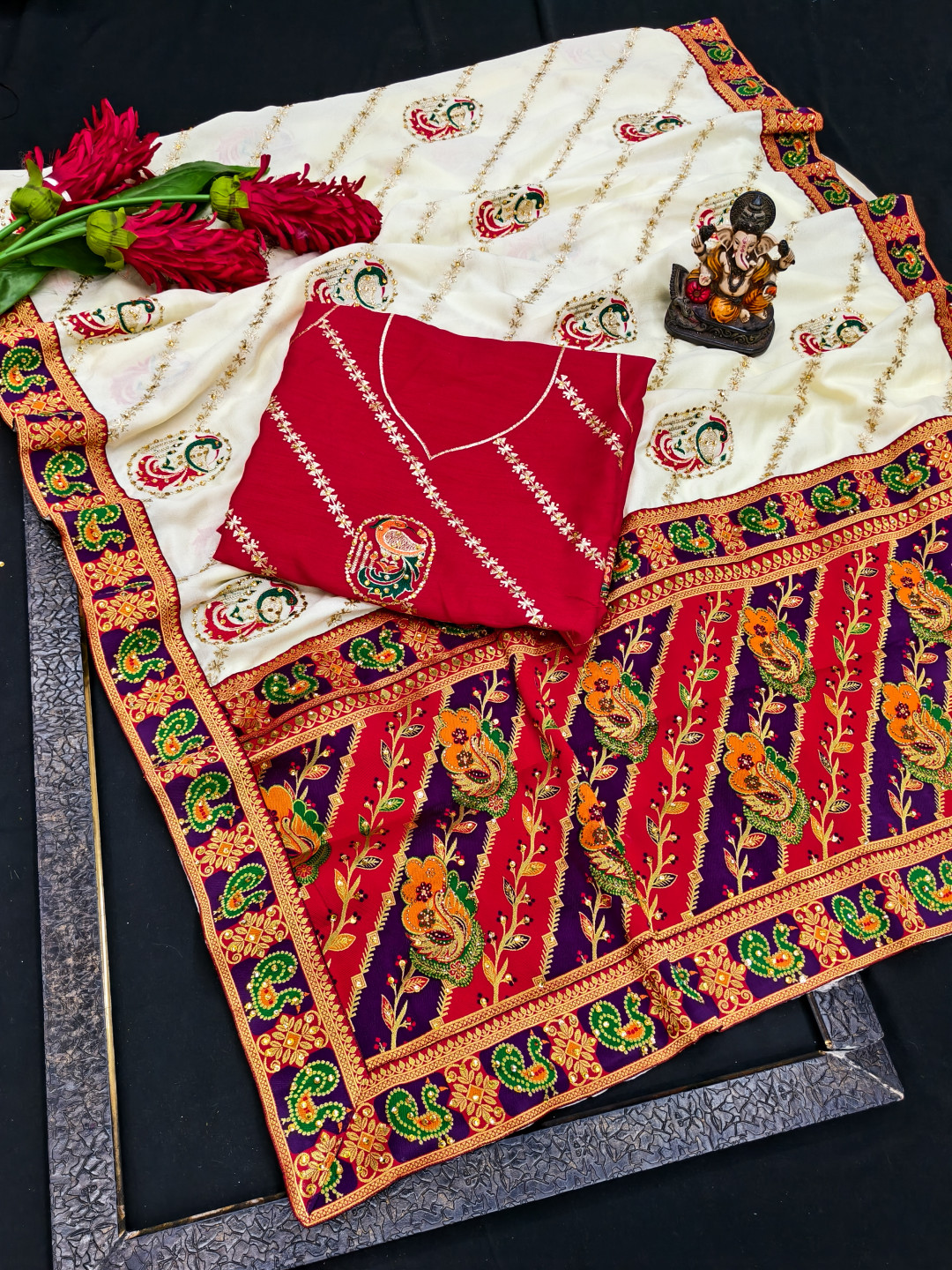 White Premium Dola Silk Panetar Saree with Embroidery and Diamond Work
